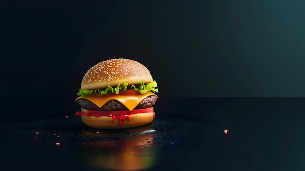 Photo a juicy cheeseburger with lettuce and tomato dripping with sauce on a black background