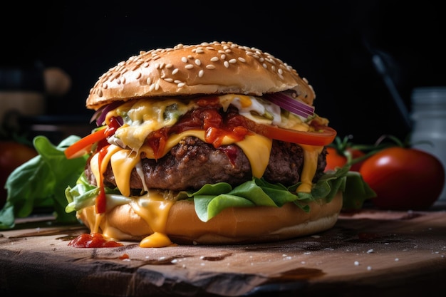 Juicy cheeseburger with lettuce tomato onion beef patty and melted cheese American fast food Generative AI content