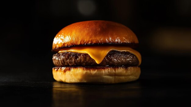 A juicy cheeseburger with melted cheese on a black background