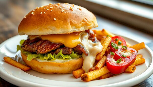 A juicy cheeseburger with melted cheese and fries on a plate