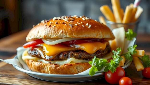 A juicy cheeseburger with melted cheese and fries on a plate