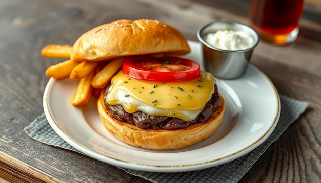 Photo a juicy cheeseburger with melted cheese and fries on a plate