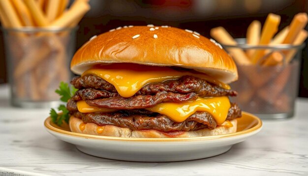 Photo a juicy cheeseburger with melted cheese and fries on a plate