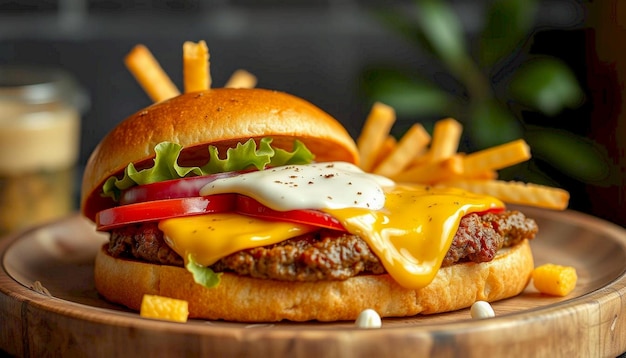 Photo a juicy cheeseburger with melted cheese and fries on a plate