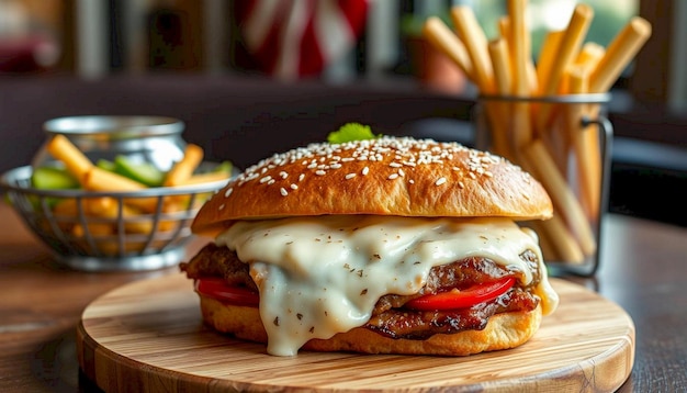 Photo a juicy cheeseburger with melted cheese and fries on a plate