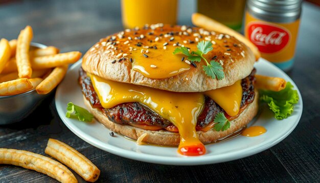 A juicy cheeseburger with melted cheese and fries on a plate