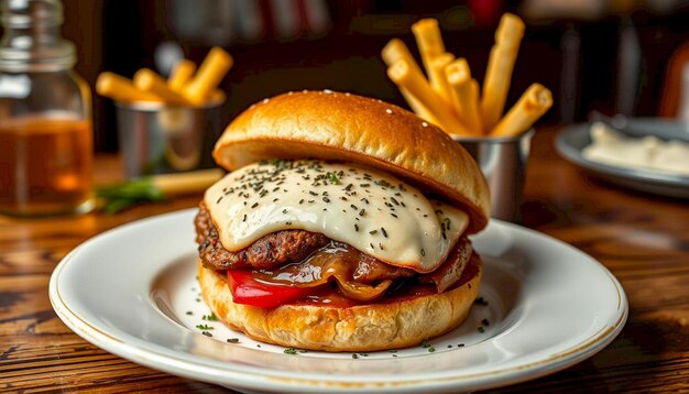 A juicy cheeseburger with melted cheese and fries on a plate