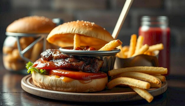 Photo a juicy cheeseburger with melted cheese and fries on a plate