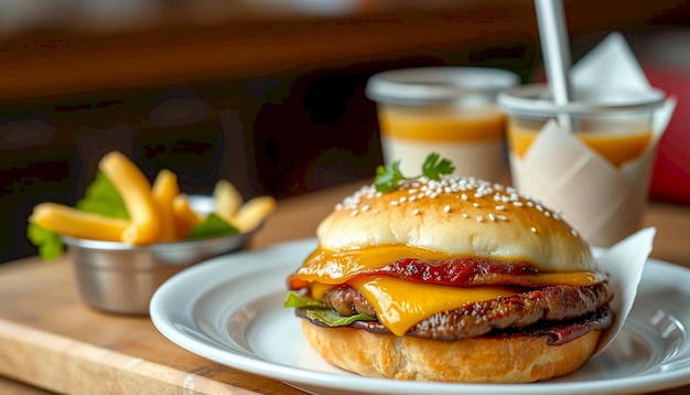 Photo a juicy cheeseburger with melted cheese and fries on a plate