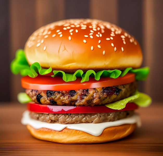 Juicy cheeseburger on wooden surface close up