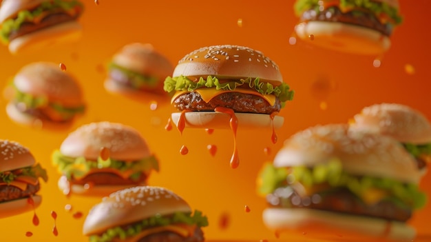 Photo juicy cheeseburgers dripping with sauce generative ai