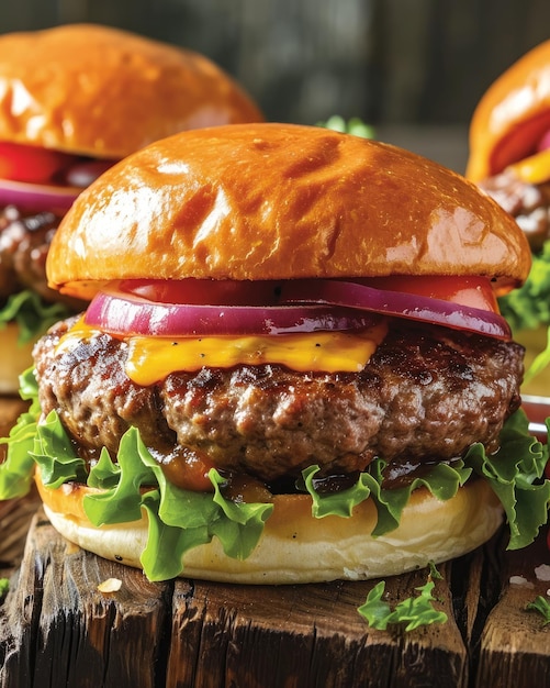 Juicy cheeseburgers with fresh toppings and a side of golden fries served on a rustic wooden board ready to be enjoyed