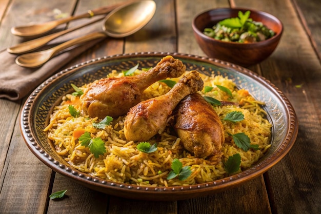 Juicy chicken biryani with smoke Fried chicken biryani Biryani chicken with basmati rice