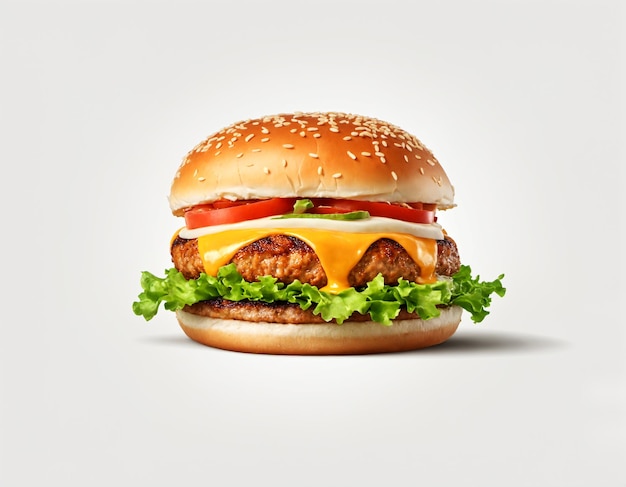 Juicy chicken burger with melted cheese crispy lettuce and tomatoes on a toasted bun isolated on a white background Generative AI