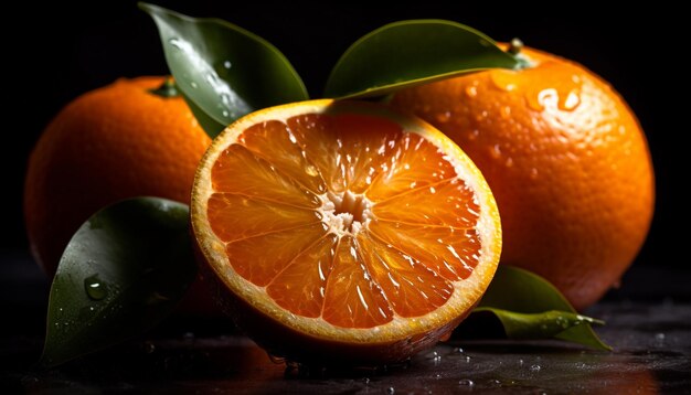 Juicy citrus slice reflects vibrant summer freshness on wooden table generated by AI