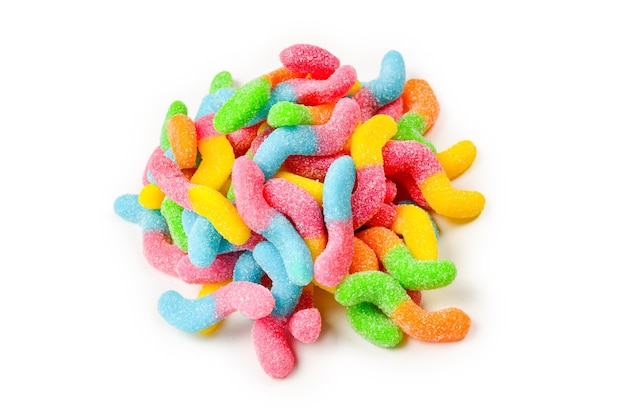 Juicy colorful jelly sweets isolated on white Gummy candies Snakes