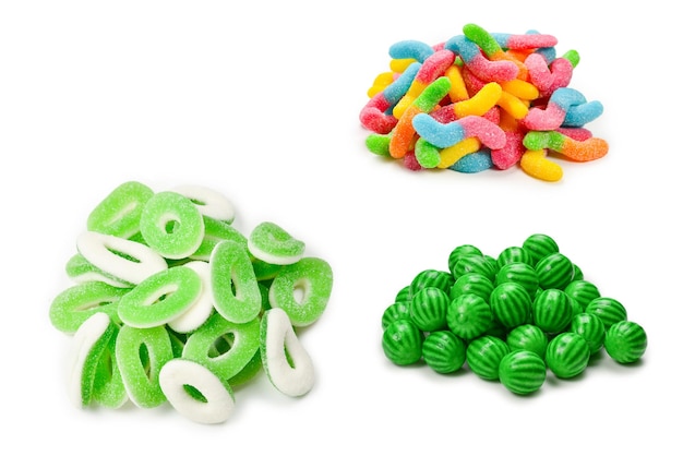 Juicy colorful jelly sweets isolated on white Gummy candies Snakes