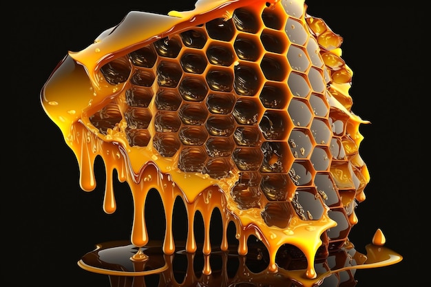 Juicy comb with gold honey close up illustration Generative AI