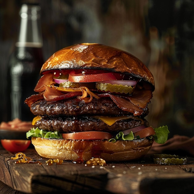 Juicy Double Cheeseburger with Bacon and Vegetables