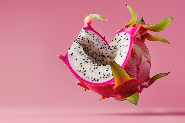 Photo juicy dragon fruit with cut section floating in midair revealing vibrant and exotic fruit texture