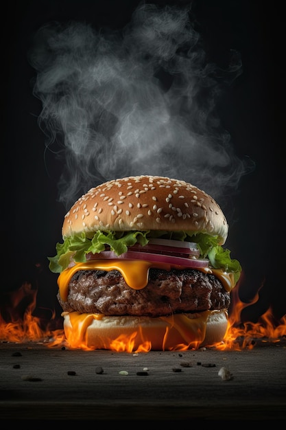 Juicy dripping burger with smoke and fire in the background