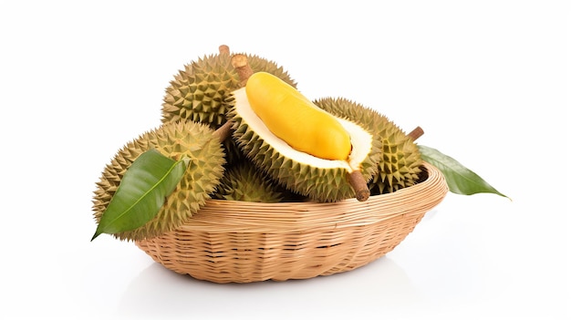 Juicy Durian Fruits with leaves in basket on white background