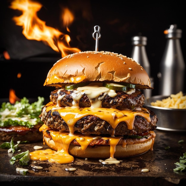 A juicy flame grilled burger with melted cheese oozing out of the sides wallpaper generated by AI