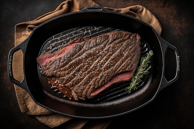 Juicy flank steak on castiron skillet ready for cooking