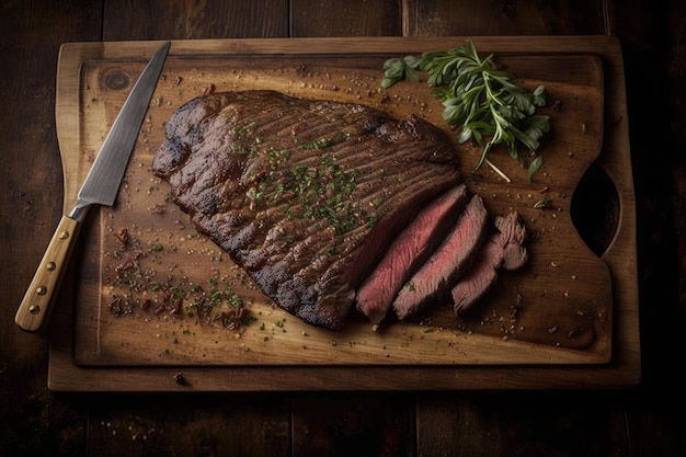 Juicy flank steak on wooden board ready for slicing and cooking