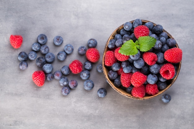 Juicy and fresh blueberries with green mint on rustic gray table.