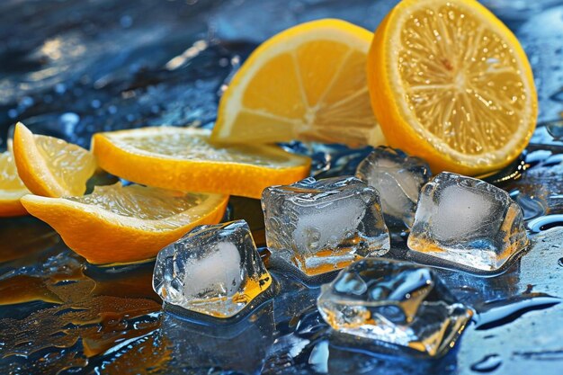 Juicy fresh lemon slices and ice on a blue