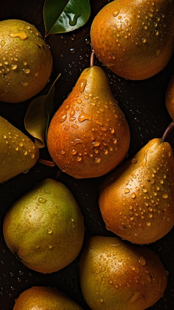 Juicy fresh pears on an old wooden board