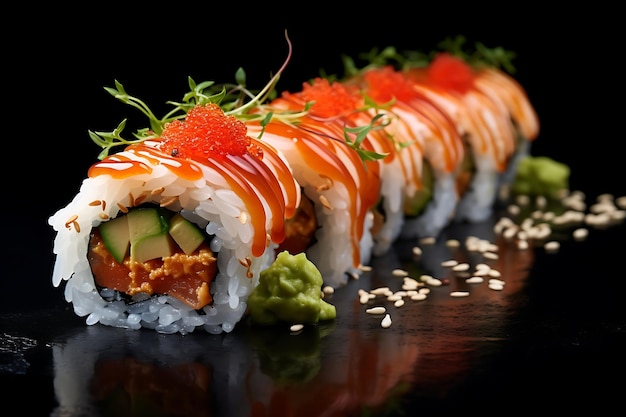 Juicy fresh rolls on a glass table on a dark background generated by AI