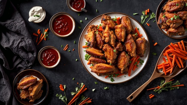 Juicy fried buffalo wings on a dark background