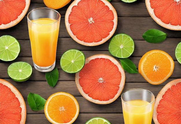 Juicy fruits lime orange grapefruit glasses with freshly squeezed juice