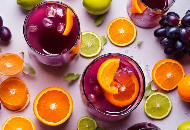 Juicy fruits lime orange grapefruit glasses with freshly squeezed juice