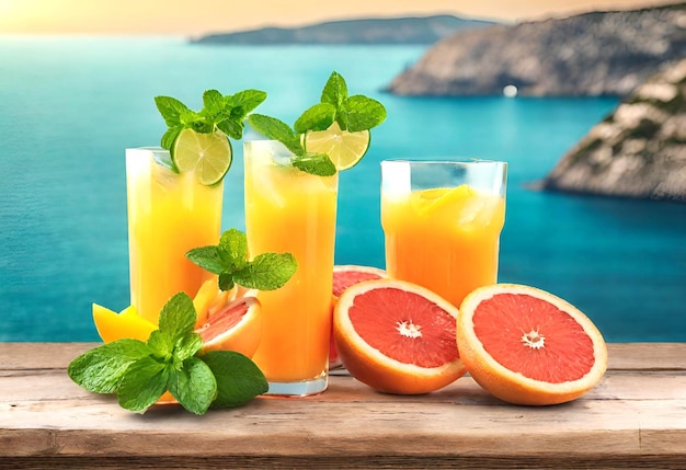 Juicy fruits lime orange grapefruit sea view glasses with juice fresh