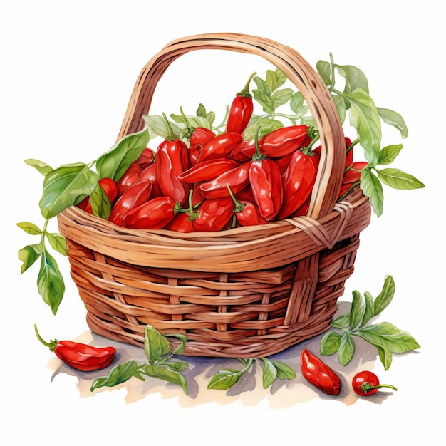 Juicy Goji Berries In A Picnic Basket Watercolor Illustration