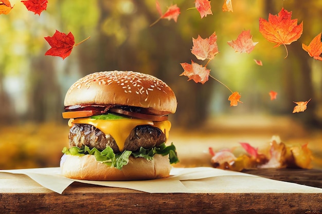 Juicy grilled burger with falling autumn leaves