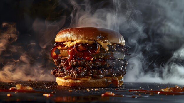 Juicy Grilled Burger with Smoke and Flames