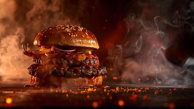 Juicy Grilled Burger with Smoke and Flames