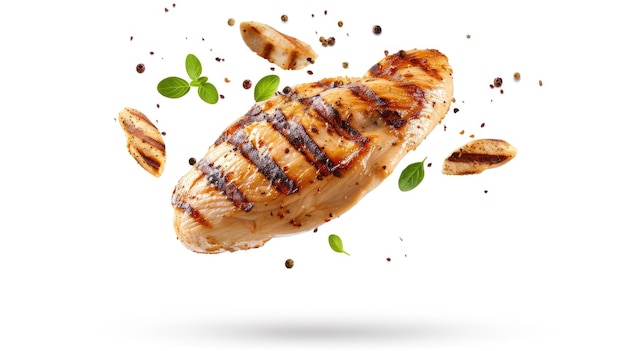 Photo juicy grilled chicken breast isolated on white with meat flying in the air emphasizing its mouthwatering appeal