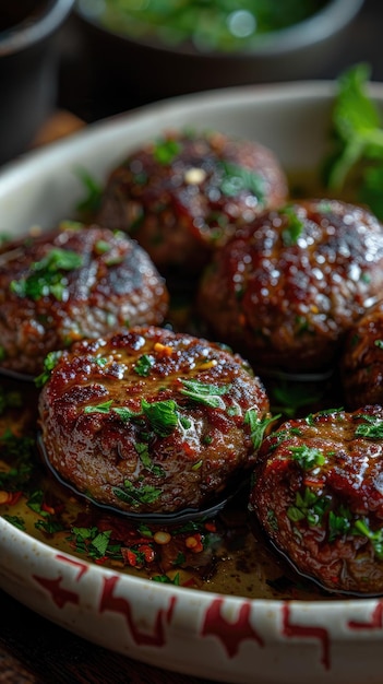 Juicy grilled meatballs with fresh herbs Succulent grilled meatballs adorned with fresh herbs promising a flavorful experience