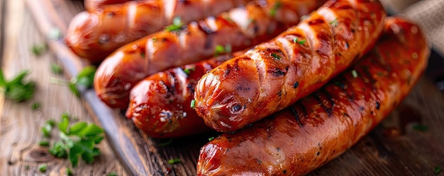 Photo juicy grilled sausages with fresh herbs on a hot bbq grill perfect for summer cookouts