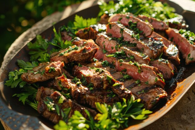 Photo juicy grilled steak served on a gourmet platter perfect for a flavorful and delicious dinner