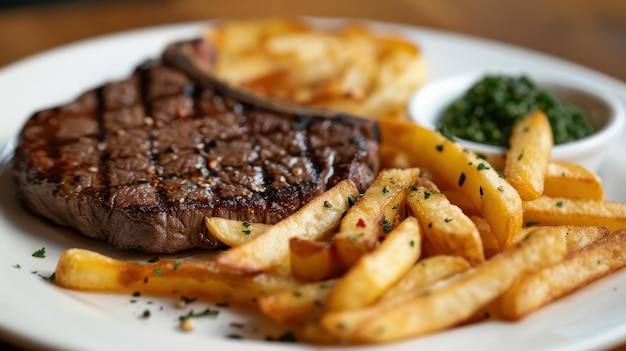 Photo juicy grilled steak served with crispy fries and a side of sauteed greens on a rustic wooden table