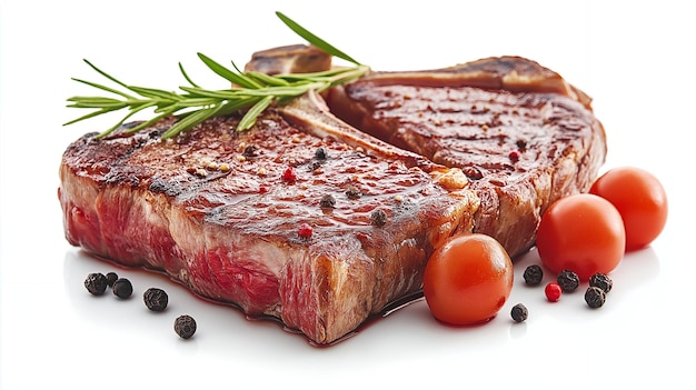 Juicy grilled steak with rosemary peppercorns and cherry tomatoes