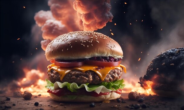 Juicy hamburger on fire Generative AI