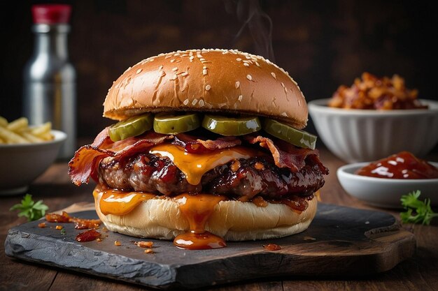 A juicy hamburger piled high with crispy bacon and smo