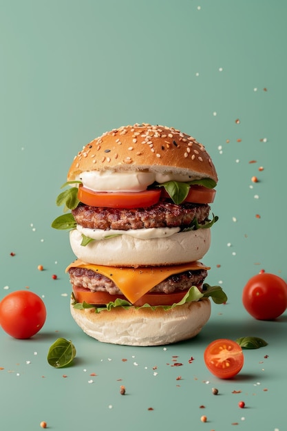 A juicy hamburger sits on a plate ready to be devoured A hamburger with cheese and tomatoes on it